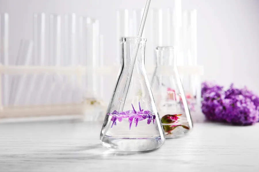 Laboratory flasks with purple flowers